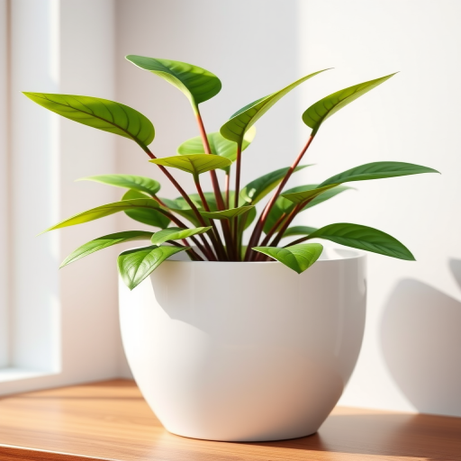 Generate a highly detailed illustration of a potted plant with vibrant green leaves in a sleek white planter, captured from a slightly elevated angle using a DSLR camera with a 50mm lens at f/2.8, ISO 100, and a shallow depth of field for a soft background blur.