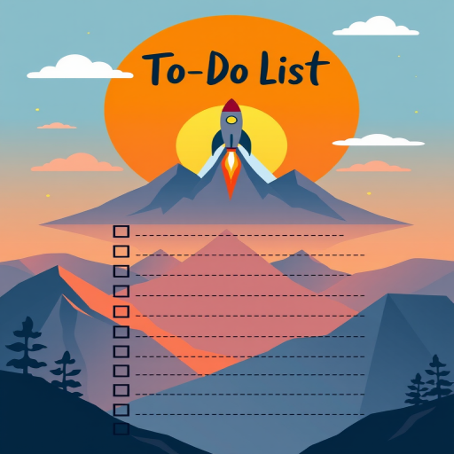 Create a colorful to-do list template featuring a rocket launching above mountains and a setting sun, using a high-resolution digital design with 300 DPI, 16:9 aspect ratio, flat lay view, vector art style, and designed in Adobe Illustrator.
