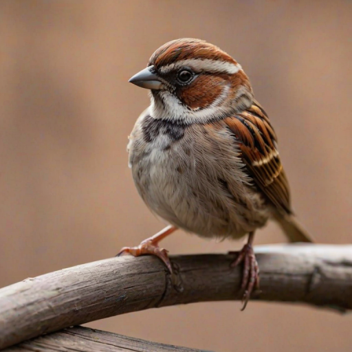 A close-up of a sparrow perched on a wooden surface with natural lighting, highlighting its detailed feathers and vibrant colors.