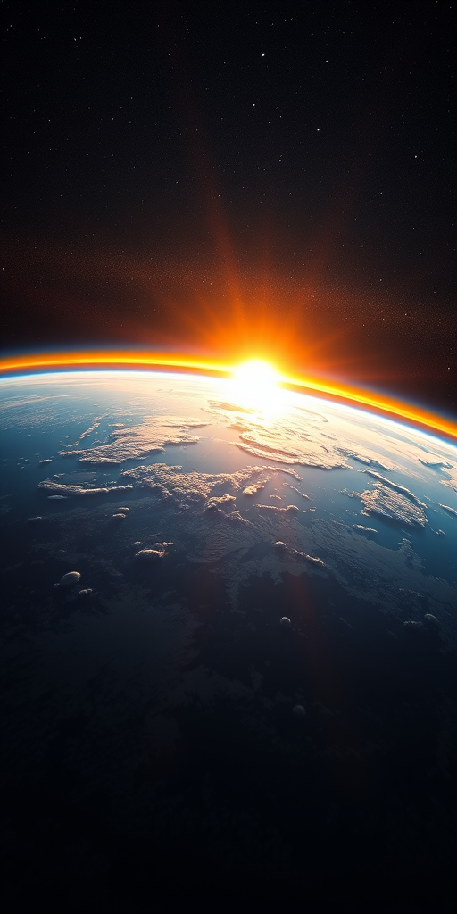 A breathtaking view of Earth from space during sunrise, showcasing the glowing horizon with vibrant colors, stars scattered in the background, captured with a DSLR camera, 35mm lens, f/8 aperture, ISO 100, 1/200s shutter speed, using a wide-angle perspective for enhanced depth.