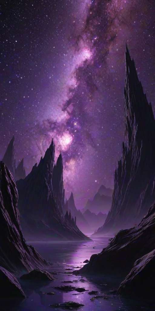 In the depths of space, a dark and mysterious world comes to life. The sky is a deep shade of purple, and the stars twinkle like diamonds.