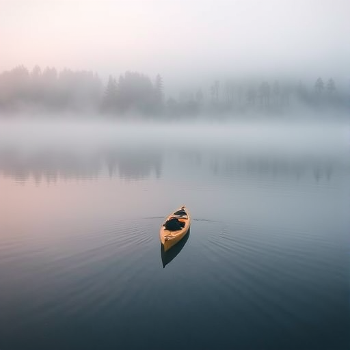 Soft-focus image of a misty morning on a peaceful lake, with a lone kayak gliding silently through the water, surrounded by fog that softly envelops the trees lining the shore.
