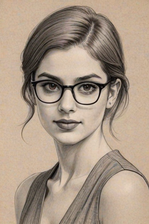 Charming Sami Gayle, pencil sketch, portrait of Fetching woman 1932s in glasses, hair style beatnik, outline, clear lines, fine lines, 8k