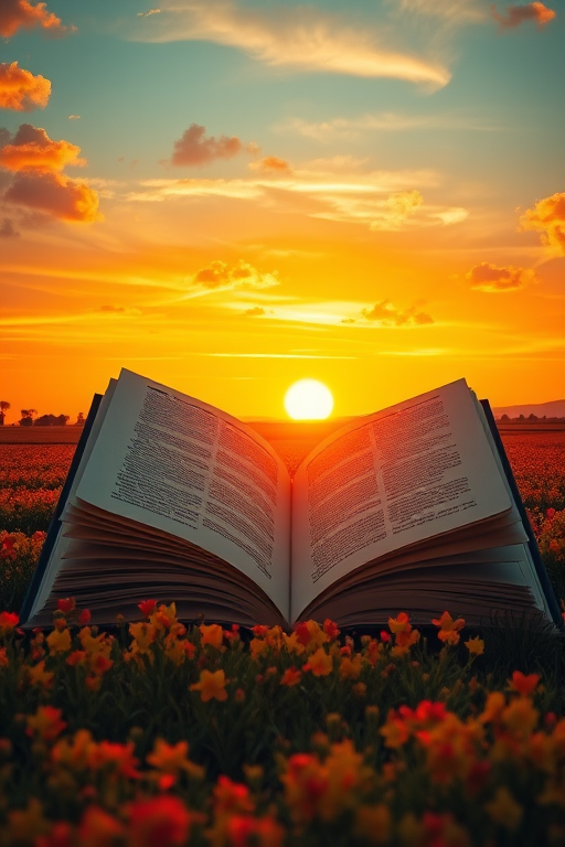A surreal landscape featuring a giant open book in a vibrant field at sunset, with a lone figure walking towards a glowing horizon, rich golden and orange hues in the sky, DSLR camera, 50mm lens, f/2.8 aperture, ISO 100, high dynamic range, soft focus background, warm color grading.
