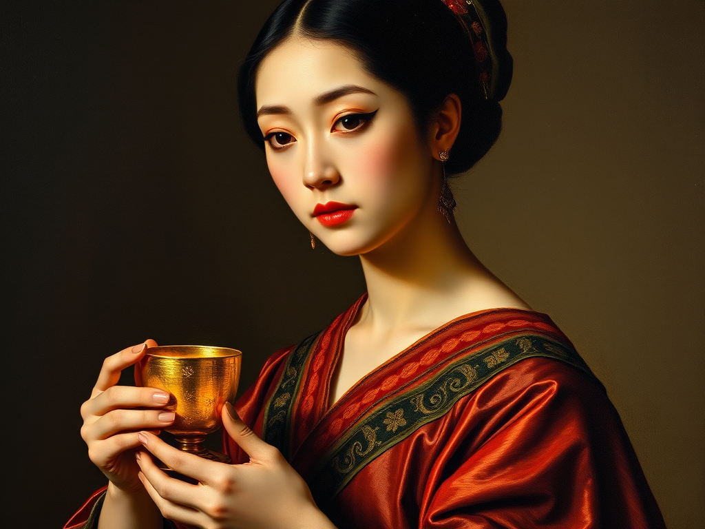portrait of an asian woman holding small lycg chalice in her hand wearing a kimono with winged eye liner, renaissance style oil painting, carvaggio,