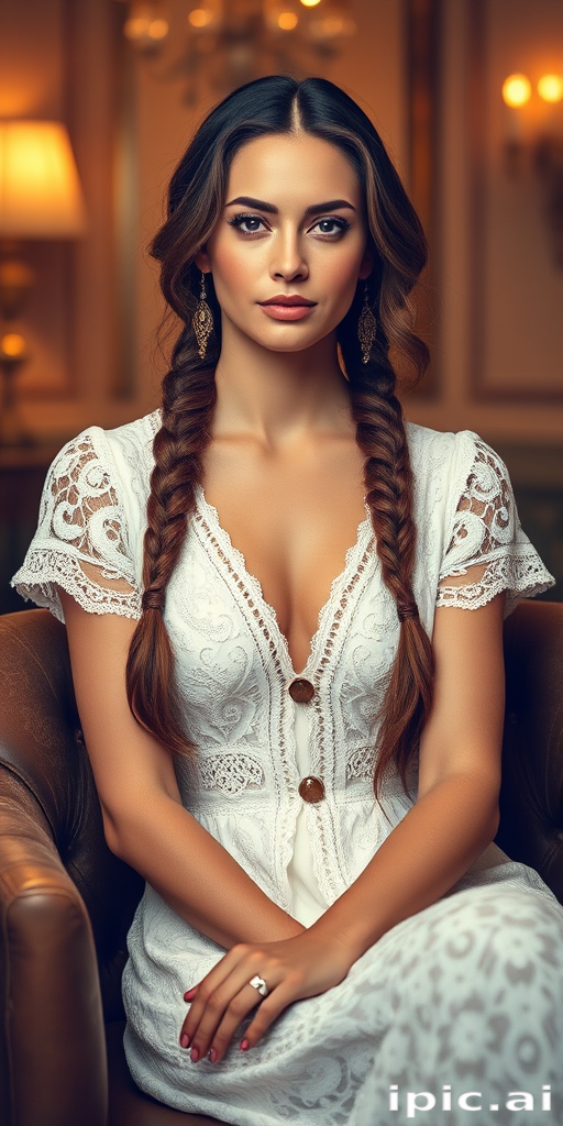 Create a portrait of a refined and elegant woman seated in a sophisticated setting. She has long, wavy hair styled in two thick braids that are pulled over her shoulders. She wears a white, lace gown with intricate patterns, featuring a deep V-neckline and short sleeves. The dress exudes a vintage charm with its delicate lacework. She is adorned with ornate, dangling earrings that add a touch of glamour to her appearance. The background is softly lit, with warm, ambient lighting that creates a cozy and inviting atmosphere. Her expression is poised and serene, capturing a sense of grace and elegance.
