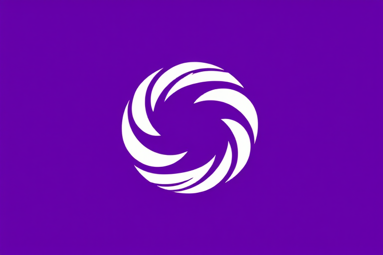 Create an image of a purple background with a white stylized logo featuring curved lines and a symmetrical design, captured using a DSLR camera at f/8 aperture, ISO 100, with a focal length of 50mm, in high resolution.