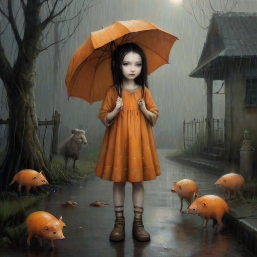 An eerie, weird little girl with dark hair in thin pigtails, wearing a smock dress, standing in the rain, holding a dirty orange umbrella, a small, odd creature beside her. In a surreal style inspired by Nicoletta Ceccoli and Brian Froud. Dark fantasy themes