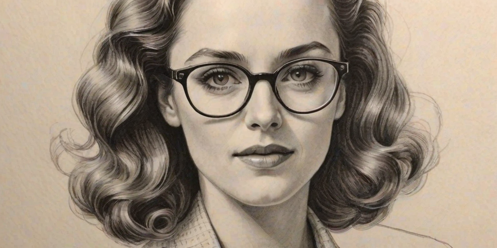 Beauteous Kerry Condon, pencil sketch, portrait of Enchanting woman 1938s in glasses, hair style beatnik, outline, clear lines, fine lines, 8k