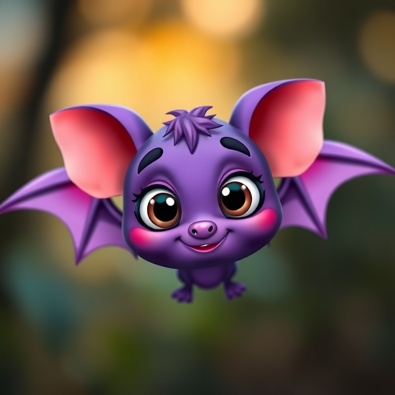 Regenerate a cute cartoon bat character with vibrant purple color, large expressive eyes, and exaggerated features in a bright, playful style, using a DSLR camera with a 50mm lens, f/1.8 aperture, and 100 ISO for a smooth background blur, at eye level.