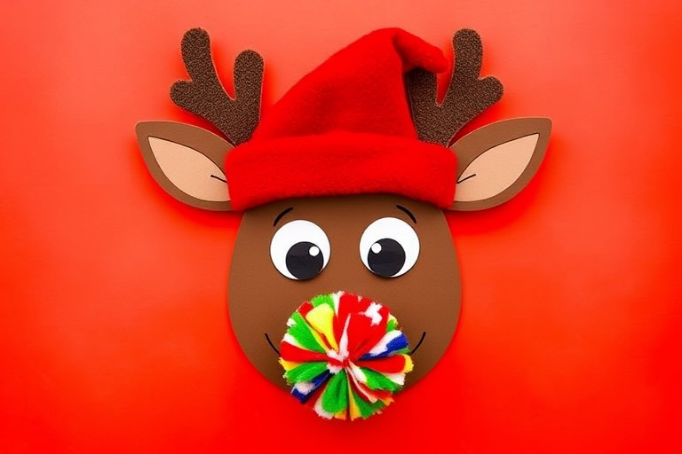 Create a playful holiday-themed image featuring a reindeer face made from various craft materials. The reindeer should have a red Santa hat, large googly eyes, and a colorful pom-pom nose. The background should be a solid, vibrant color to enhance the festive look.