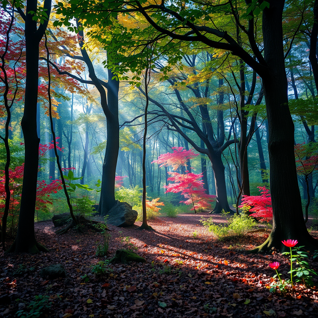 Generate a high-resolution image of a whimsical forest scene with vibrant colors and magical lighting using a DSLR camera, ISO 200, f/8 aperture, 24mm lens, natural light, and a wide-angle perspective to capture depth and detail.