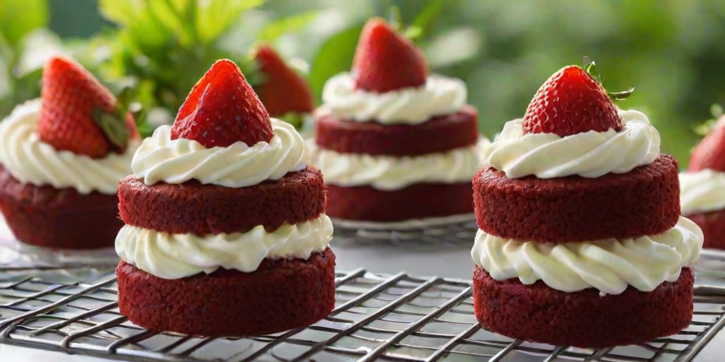 Create an image of small red velvet cakes stacked in layers, each topped with whipped cream and fresh strawberries. Arrange them on a wire cooling rack with a blurred background of strawberries and greenery. Make the cakes look moist and inviting, with a focus on their vibrant red color and creamy texture.