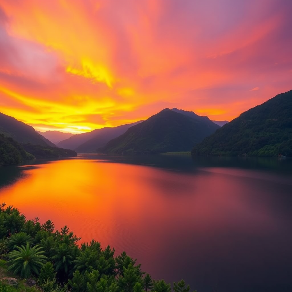 Generate a high-resolution image of a serene landscape at sunset, with vibrant orange and purple skies, a calm lake reflecting the colors, surrounded by lush green mountains, captured with a Canon EOS 5D Mark IV, f/8 aperture, ISO 100, 1/250 sec shutter speed, capturing a wide-angle view.
