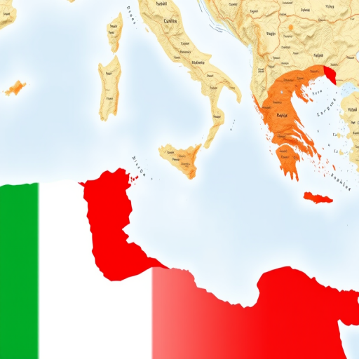 Generate a high-resolution map of Italy highlighting the eastern coast region in red, shot with a DSLR camera at f/8 aperture, 50mm lens, ISO 100, in landscape orientation, using a clean, minimalist style for clarity and emphasis on geographic features.