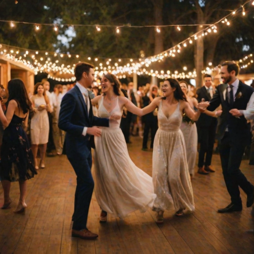 Blurry candid shot of a wedding reception at dusk, with string lights hanging from trees, soft golden light illuminating the dance floor, and guests blurred in joyful movement.
