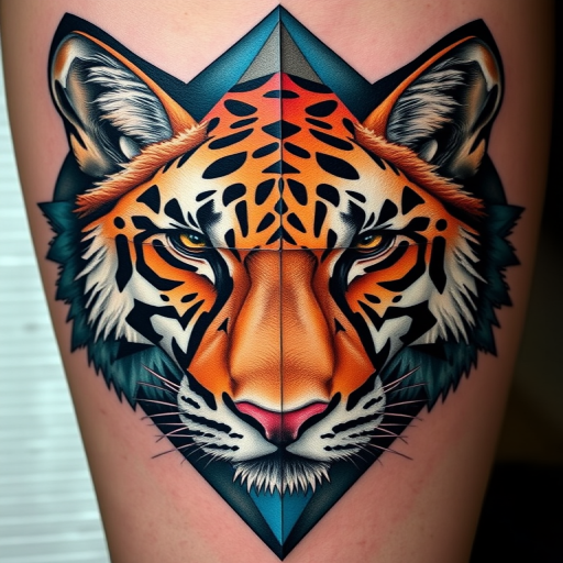 Geometric realism tattoo titled "Fractured Nature" combining photo-realistic animal portraits with geometric shapes and patterns breaking up the image