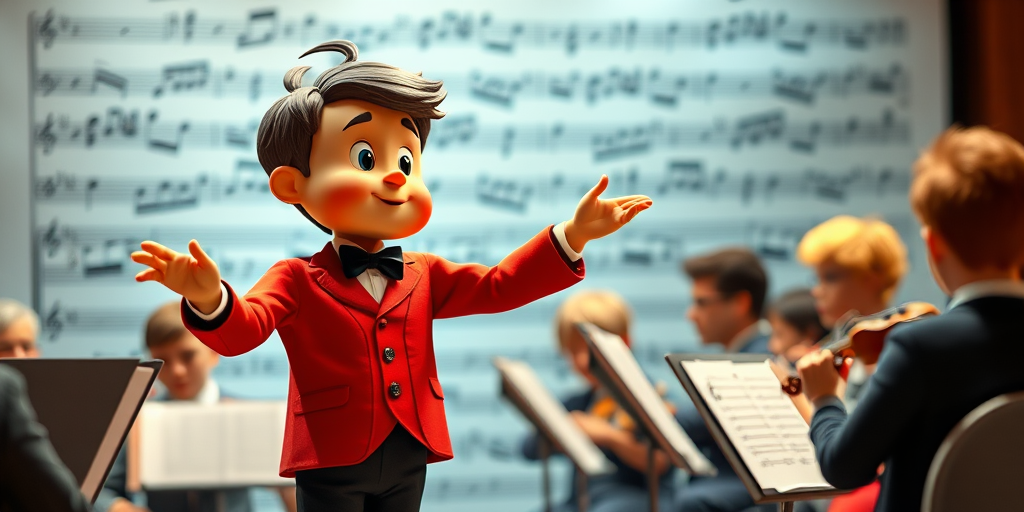 Create a vibrant animated character of a conductor leading an orchestra in front of a blurred sheet music background with a shallow depth of field, using a DSLR camera with a 50mm lens at f/1.8, ISO 100, and a soft natural lighting style.