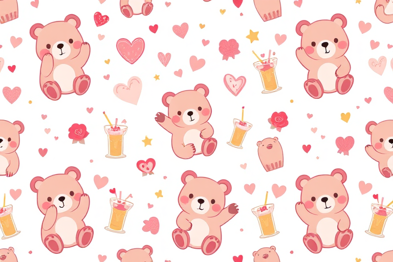 Create a cute and playful pattern featuring cartoon bear shapes in various poses surrounded by whimsical elements like hearts flowers and drinks in soft pastel colors with a glossy texture on a light background
