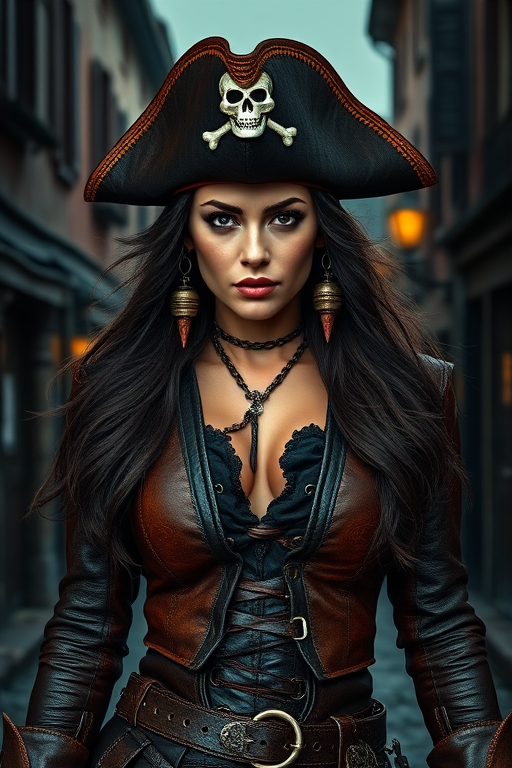 Create a portrait of a fierce female pirate. She wears a leather tricorn hat adorned with a skull and crossbones emblem, and her long, dark hair flows around her face. Her outfit consists of a richly detailed leather jacket, a corset, and multiple layers of belts and accessories, giving her a formidable and stylish appearance. She stands confidently in a dimly lit, historic port town, with a backdrop of weathered buildings and cobblestone streets, capturing the adventurous spirit of a pirate.