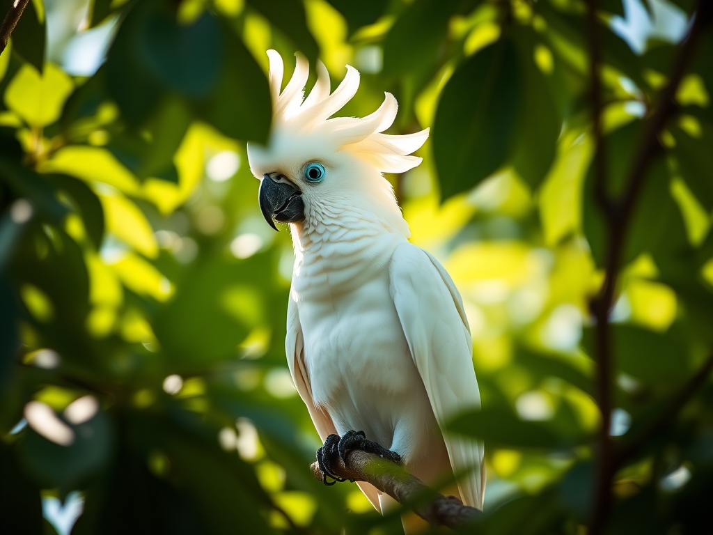 a white cockatoo perched on a branch surrounded by green leaves, shot with a Nikon D850, 50mm lens, aperture f/2.8, ISO 200, sunlight filtering through leaves, shallow depth of field for soft background blur