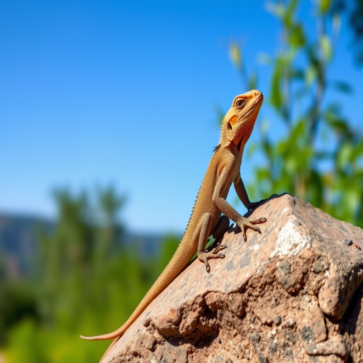 generate an image of a lizard perched on a rock with a clear blue sky and greenery in the background