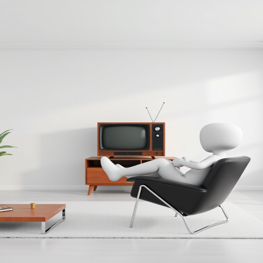 3D render of a minimalistic living room with a white 3D character relaxing on a stylish black chair, a vintage wooden television with antennas on a modern cart, studio lighting, camera ISO 100, f-stop 8, shutter speed 1/60 sec, 50mm lens, depth of field focus on the character.