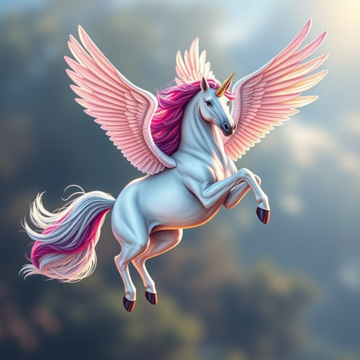 Create a detailed illustration of a winged unicorn in flight, capturing dynamic movement with vibrant colors and intricate details, using a Canon EOS R5 camera with a 50mm f/1.2 lens, ISO 200, f/2.8, in natural light for enhanced clarity and depth.