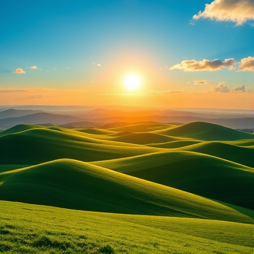 Generate a vibrant landscape with rolling green hills under a bright blue sky, featuring soft white clouds and a glowing yellow sun, using a DSLR camera with a 35mm lens at f/8, ISO 100, and a shutter speed of 1/200 seconds for optimal clarity and color saturation.