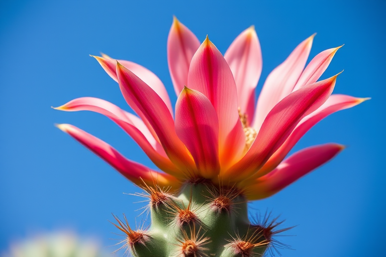 Close-up shot of a blooming cactus flower against a blue sky, aperture f/2.8, shutter speed 1/200 sec, ISO 100, macro lens, DSLR camera, vivid colors and high contrast.
