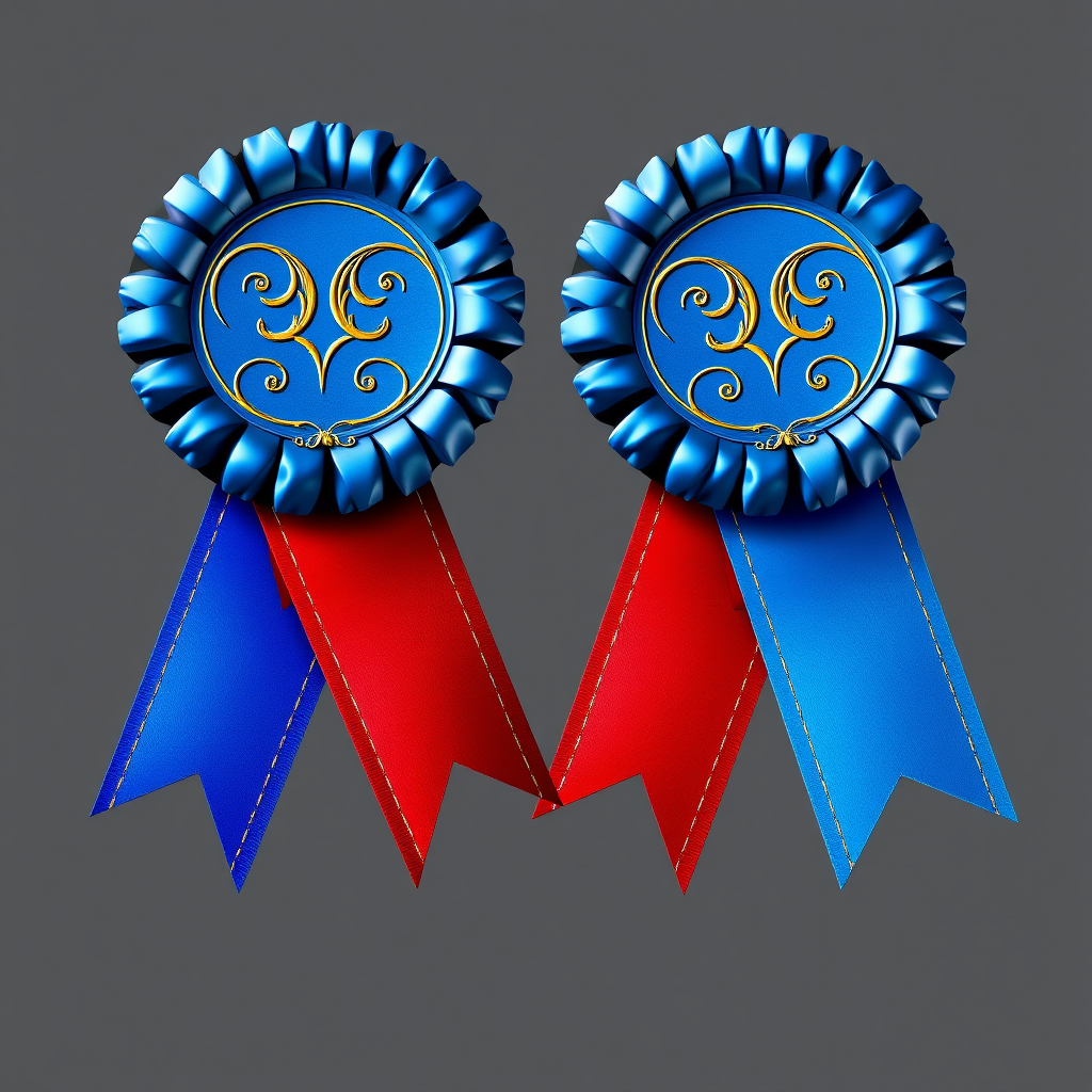 Create a high-resolution digital illustration of two award ribbons, one blue and one red, with intricate scrollwork and shiny surfaces, using a Canon EOS R5 camera, 50mm lens, f/8 aperture, 1/125s shutter speed, and soft natural lighting for enhanced detail and color vibrancy.