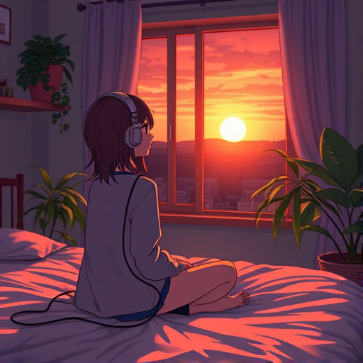 anime girl sitting on a bed wearing headphones, gazing out a window at a sunset, cozy room with plants and soft lighting, DSLR camera, 50mm lens, f/1.8 aperture, 1/125 sec shutter speed, ISO 200, natural light, high dynamic range, cinematic style