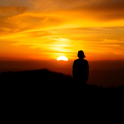 A serene silhouette of a person standing on a hill against a vibrant sunset background with swirling orange and yellow hues, captured in a high-resolution image using a DSLR camera with a 50mm lens, aperture set to f/1.8, ISO 100, and a wide-angle view for enhanced depth and clarity.