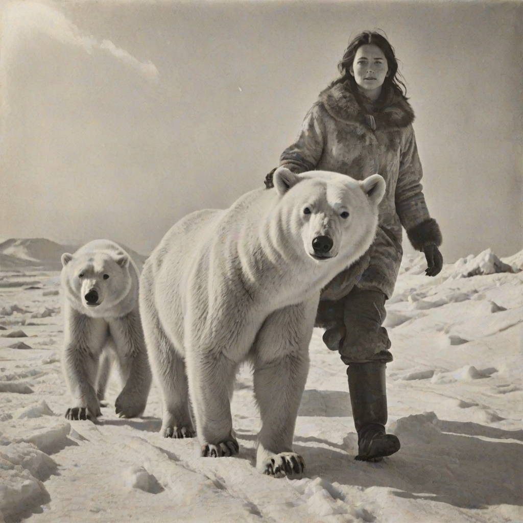 A very old photograph in black and white. The photo is badly damaged, faded, with scratches, tears, smudges and dirt. The photo is ultra-realistic and very detailed. It's a picture of an Arctic warrior. She is walking serenely towards the camera. At her side walks a majestic polar bear. Its fur shines in the sunlight. Snow, ice, sea. wind. snow in the air.