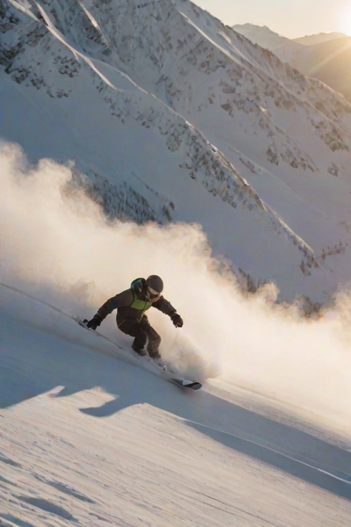 Blurry action shot of a snowboarder carving through fresh powder on a snowy mountain, soft light from the setting sun casting long shadows over the landscape and distant peaks barely visible through the mist.