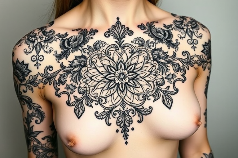 Ornate blackwork lace tattoo, "Victorian Elegance," featuring intricate floral and geometric patterns inspired by vintage lace designs, using varying line weights and negative space to create depth and texture, perfect for adorning the shoulder, chest, or thigh