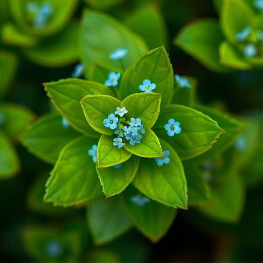 Create a vibrant depiction of a cluster of green leaves with small blue and white flowers, using a Canon EOS 5D Mark IV with a 50mm lens, aperture f/2.8, shutter speed 1/150s, ISO 100, natural light, macro view, high saturation for enhanced colors.