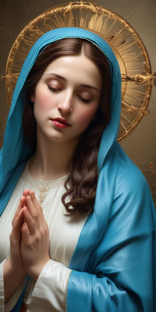 Portrait of a Serene Woman with a Blue Veil and Praying Hands