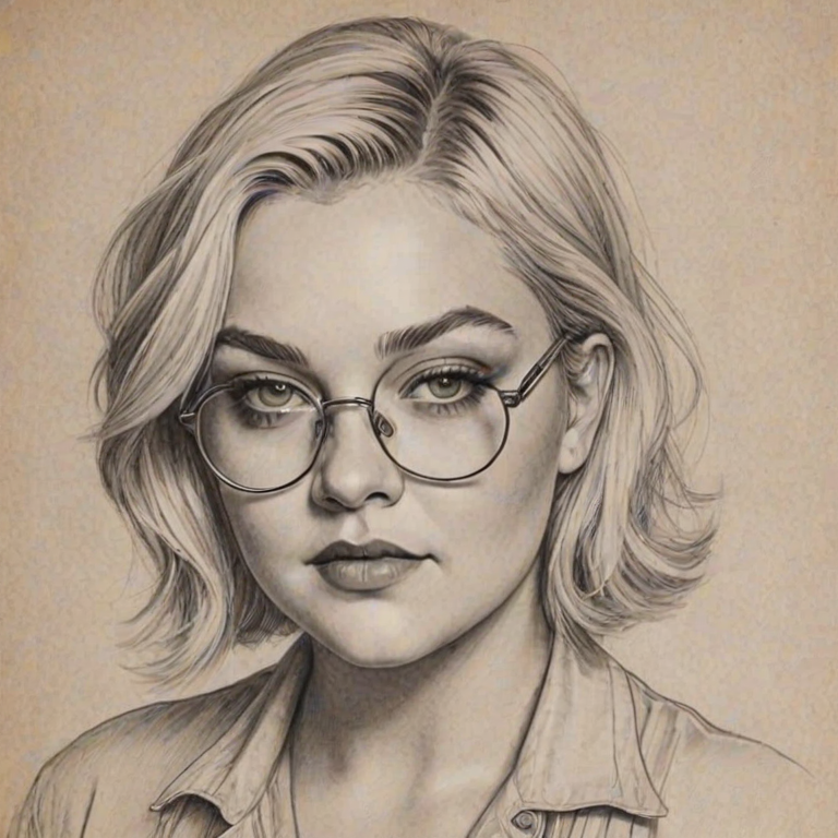 Lovely Elle King, pencil sketch, portrait of Gorgeous woman 1924s in glasses, hair style beatnik, outline, clear lines, fine lines, 8k