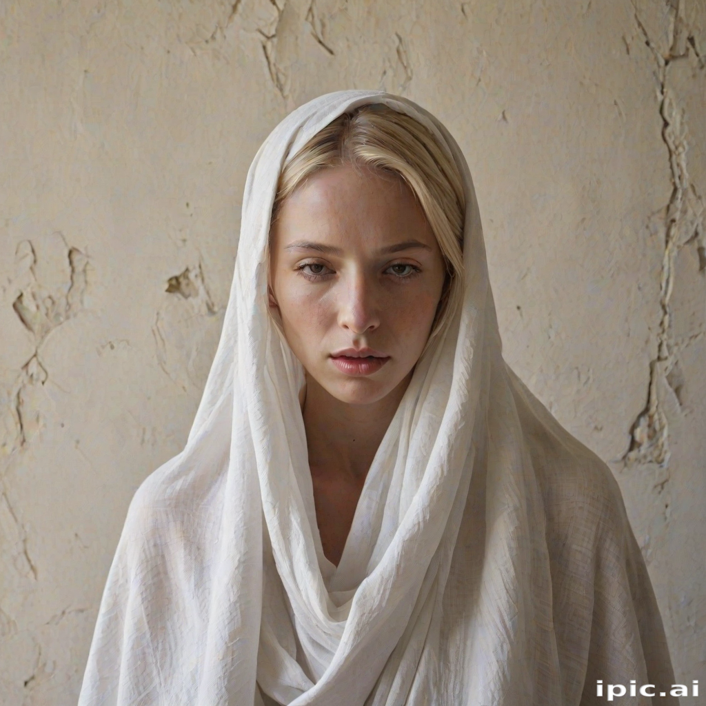 Create a close-up photographic image of the head and torso of a person with light skin tones shown against an old, worn wall. Their head is wrapped in a white cloth covering (i.e.... parts of the head except the nose and mouth, which are open as if they are screaming...), with a slight texture and visible folds in the fabric. Thin strands of blonde hair escape from the wrapping above, falling lightly at the top and sides. Their hands hold the fabric as if they are tugging nervously. The lighting is dramatic and even, casting strong shadows. The image has a minimalist and surreal style with an emphasis on simplicity with soft color tones. The composition is centered.