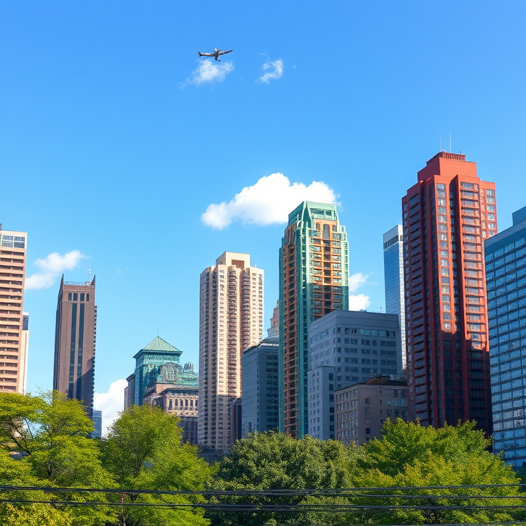 Regenerate a vector-style cityscape image featuring tall buildings of various colors, a clear sky with a few clouds, and green trees in the foreground, captured with a DSLR camera at ISO 100, f/8 aperture, 1/60 sec shutter speed, wide-angle lens, and vibrant color enhancement for clarity.