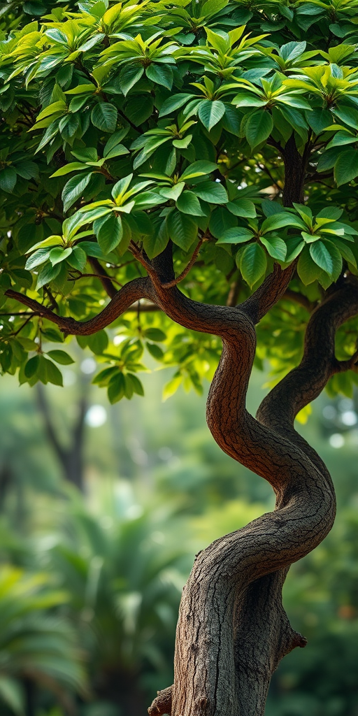 Generate a high-resolution image of a stylized tree with lush green leaves and a twisting brown trunk, taken with a DSLR camera at f/4 aperture, ISO 100, 35mm lens, in a natural light setting, using a shallow depth of field to emphasize the tree's details against a blurred background.