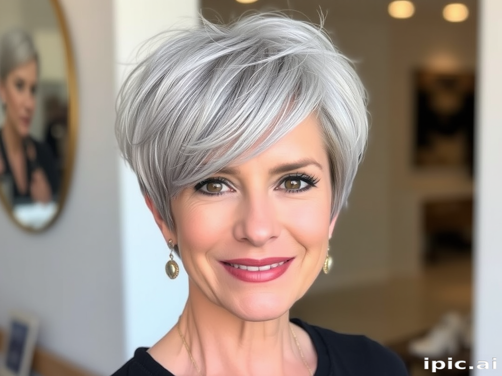 Elegant mature woman with a chic silver pixie cut, styled with textured layers and subtle lavender highlights for a youthful touch