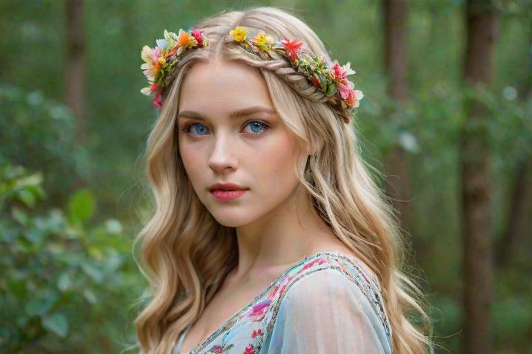 Create an image of a young woman with long, wavy blonde hair, adorned with small, colorful flowers woven into her braids and loose strands. Her complexion is fair, with soft, glowing skin, and she has light blue eyes that gaze softly at the viewer. She wears a light, flowing dress with a gentle, ethereal quality, complementing her delicate and serene appearance. The background is slightly blurred, drawing focus to her tranquil expression and the intricate details of the flowers in her hair. The overall mood of the image is one of natural beauty and grace, evoking a sense of peacefulness and connection with nature.