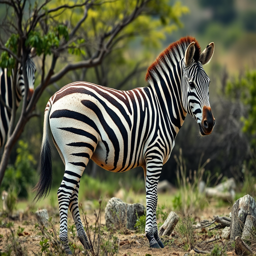 a realistic zebra standing in a natural habitat, captured with a Canon EOS R5, 50mm lens, f/2.8 aperture, ISO 200, 1/250s shutter speed, side profile view, enhanced color contrast and sharpness to highlight the stripes