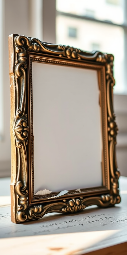 Create an image of a vintage-style photo frame with a torn and ornate edge under soft natural lighting, taken with a DSLR camera at f/2.8 aperture, ISO 200, 50mm lens, focusing on a blurred background to enhance details.