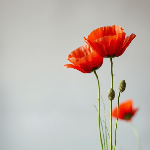 Create an artistic depiction of vibrant red poppies against a soft gray background, using a shallow depth of field, f/2.8 aperture, 50mm lens, soft lighting, and a digital painting style with high resolution.