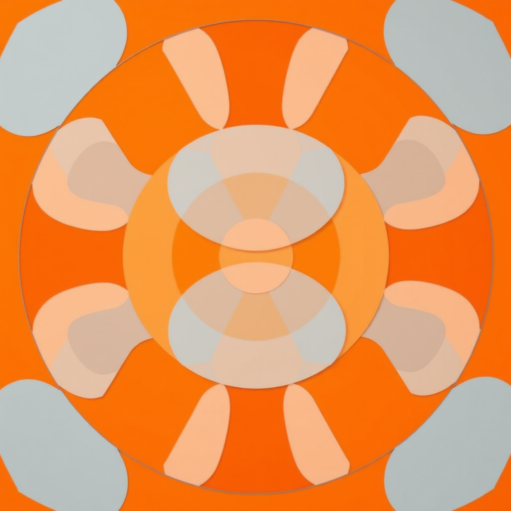 generate a geometric pattern featuring concentric circles in varying shades of orange, peach, and blue on a solid orange background, taken with a DSLR camera at f/8 aperture, 50mm lens, ISO 100, centered view, high dynamic range style