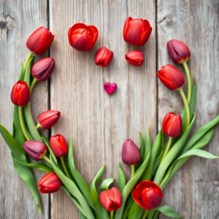 create a vibrant heart shape made of red and purple tulips surrounding a rustic wooden background with soft focus, capture with a DSLR camera, aperture f/2.8, shutter speed 1/125 sec, ISO 100, 50mm lens, shallow depth of field, natural light even illumination