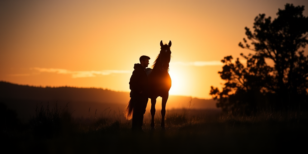 Create a silhouette of a person standing beside a horse in a natural landscape during sunset, using a DSLR camera with a 50mm lens, ISO 200, aperture f/2.8, and a shallow depth of field to enhance the image quality.